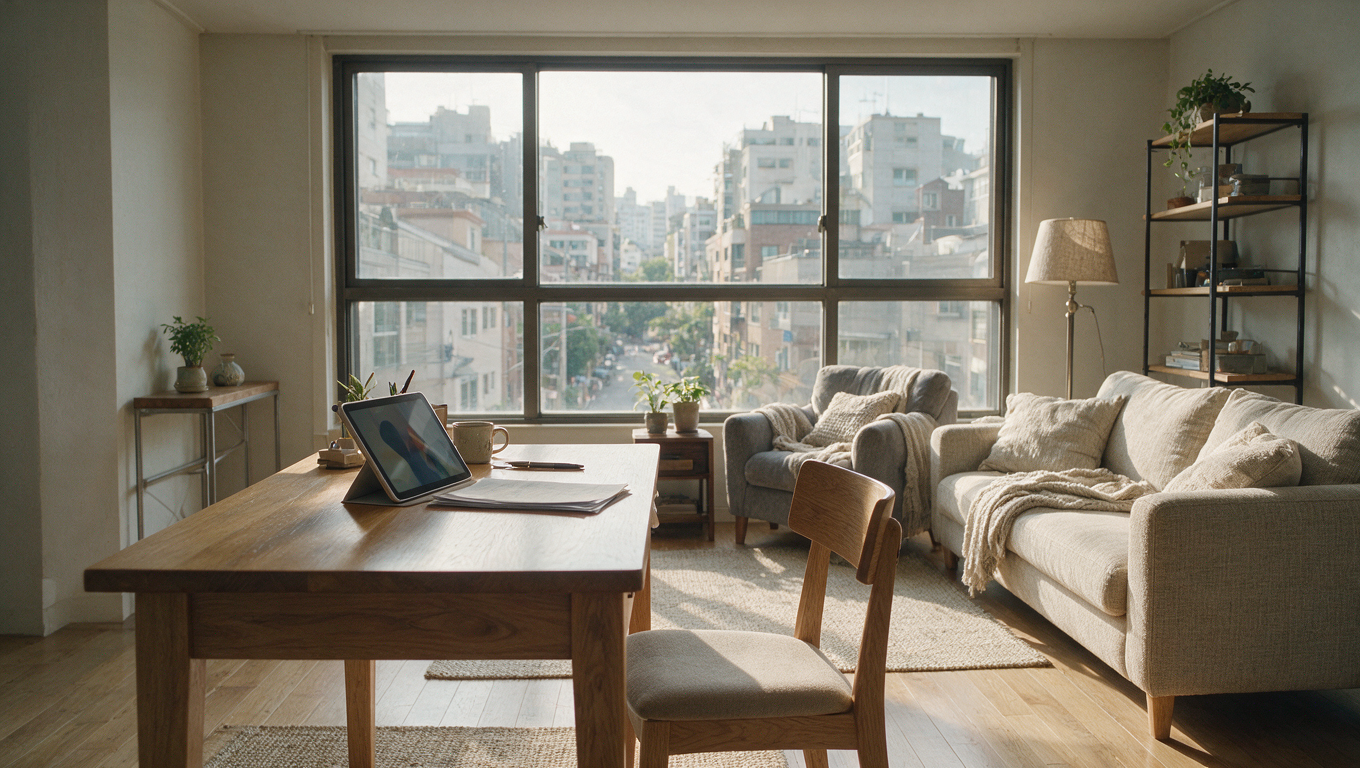 리스 승계 차량 사고 이력을 확인하려고 서류와 태블릿을 놓아 둔 한국 아파트 거실 책상